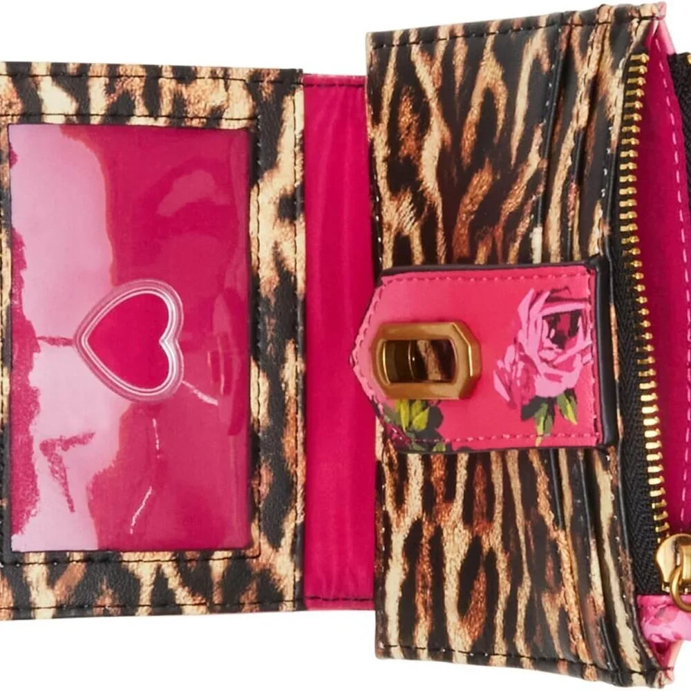 Leopard Floral Bifold Wallet Womens Polyester Zipper Card ID
